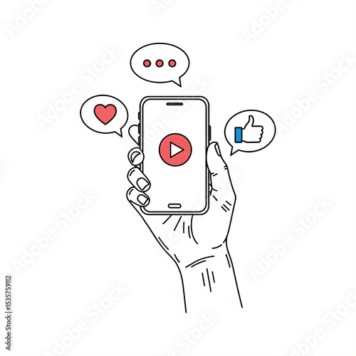 Hand holding a smartphone with a play button on the screen, surrounded by speech bubbles with dots, a heart, and a thumbs-up.