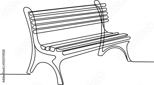 Park bench continuous single line drawing in minimalist style with curved legs and horizontal slats

