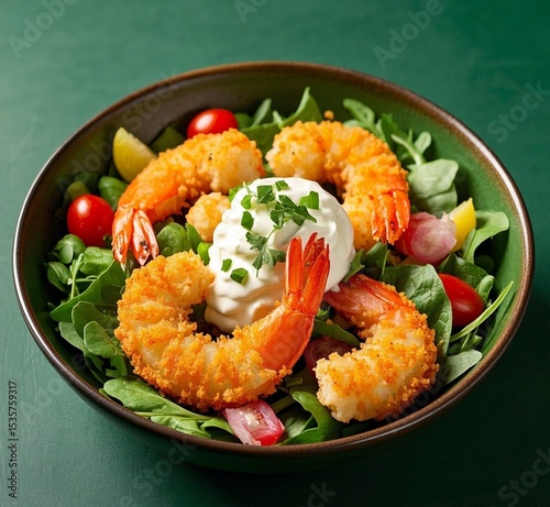Crispy Breaded Shrimp Salad Bowl with Mixed Greens Colorful Veggies and Creamy Topping Gourmet Food Presentation