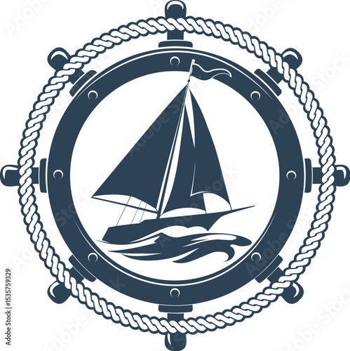 Sailboat monochrome engraving emblem