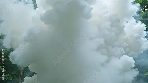 A vivid scene shows explode white smoke clouds expanding rapidly against a natural green background, their thick, swirling forms glowing softly in the light.