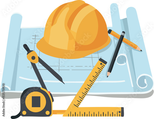 Construction tools and safety helmet with blueprint and measuring instruments vector illustration 
