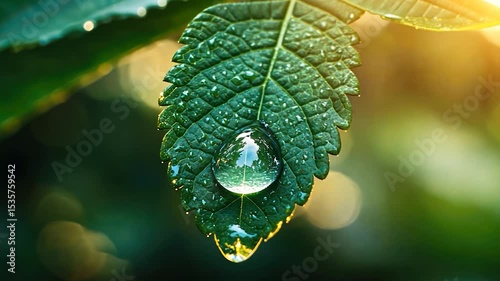 Close-up view of a dewdrop clinging to a vibrant green leaf, showcasing the intricate details of the leaf's texture and the reflection of the surroundings within the water droplet. Soft, diffused