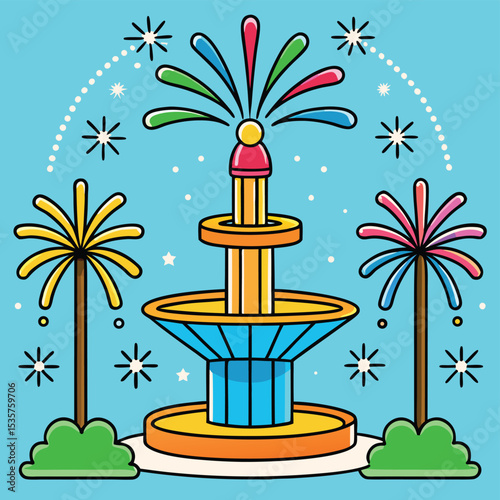 Fountain firework spraying upward with colorful lights, illuminating the night with a vibrant and dazzling display
