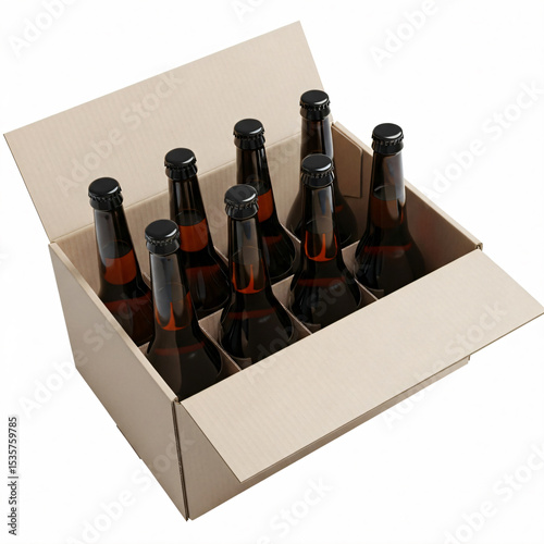 Open cardboard box containing eight dark brown bottles with black caps.