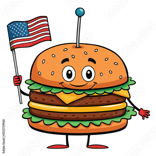 Delicious grilled hamburger with an American flag toothpick, a classic summer BBQ food for patriotic gatherings