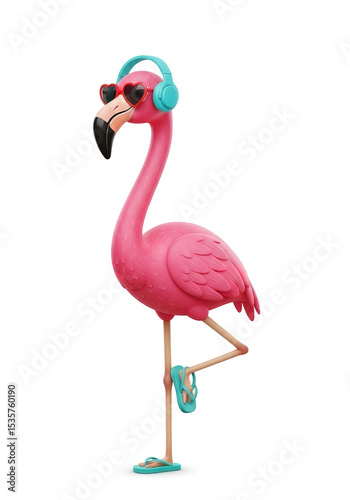 Illustration of a pink flamingo wearing glasses and listening to music with headphones. Summer vacation concept.