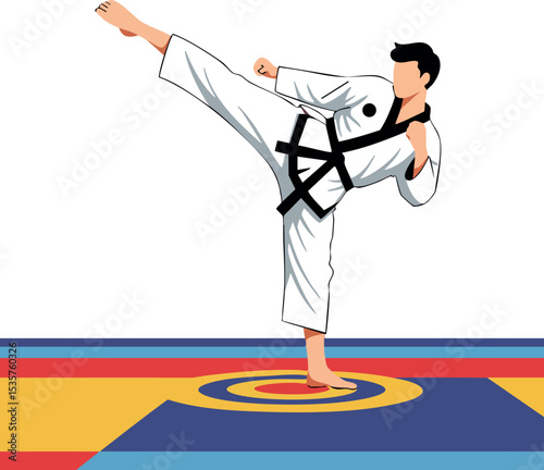 Martial artist executing high kick on colorful mat in black belt taekwondo uniform 