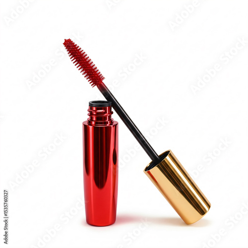 Red mascara tube with a gold cap and red wand on a white background.