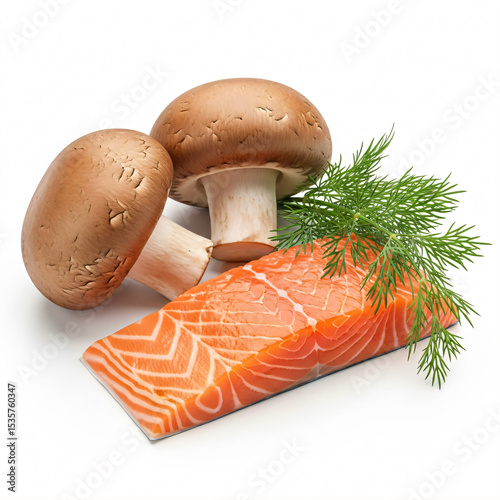 Raw salmon fillet with brown mushrooms and fresh dill on a white background.