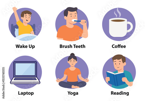 Daily Routine Vector Icons Set – Morning Activities, Healthy Lifestyle Flat Design