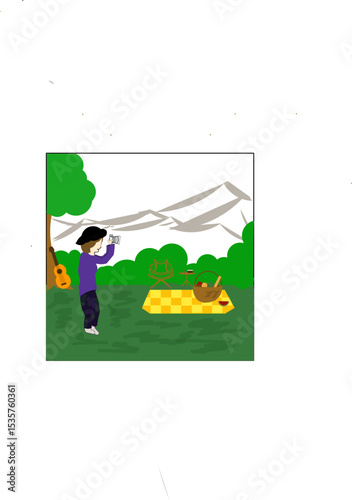 A woman is enjoying an outdoor summer vacation holding a camera enjoying the scenery with a basket of fruit on a mat on green grass with a mountain background.
