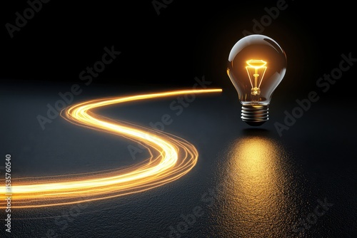 A light bulb is on the road with a light trail