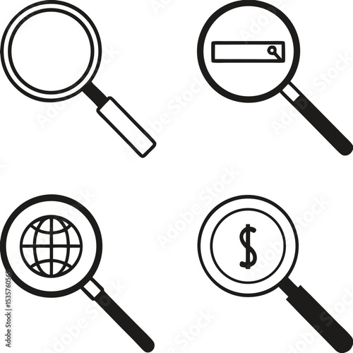 Magnifying Glass Icons Representing Search World Money and Investigation