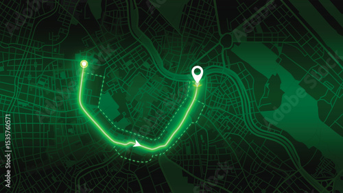 Green GPS Route on Vienna map at Night — Navigation and Location Concept