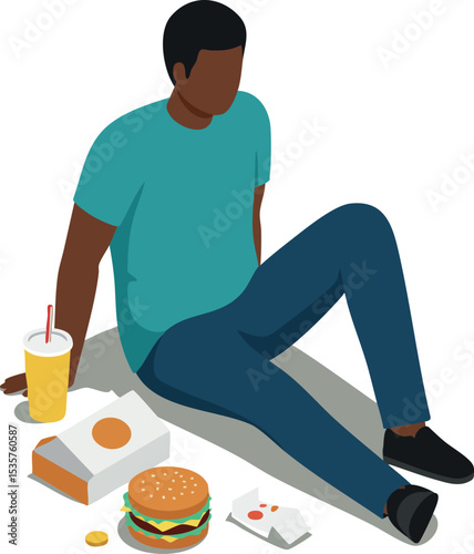 Young man sitting on floor enjoying fast food burger drink casual relaxation vector illustration 