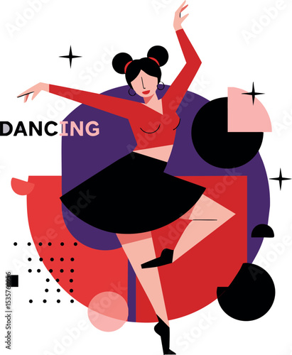 Woman dancing in red top and black skirt with abstract geometric shapes vector illustration 