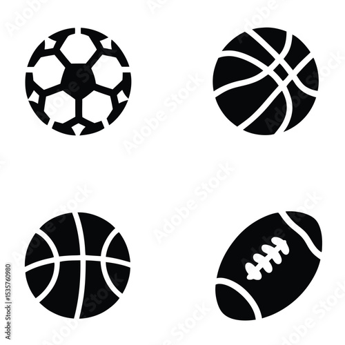 Sports Balls Collection Soccer Basketball and American Football Icons in Black