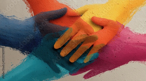 Multicolored painted hands joined together on a textured wall symbolizing unity, support and collaboration perfect for International Day of Peace visuals and human rights campaigns