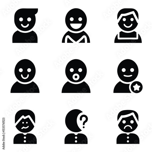 Set of nine black and white people icons with different emotions