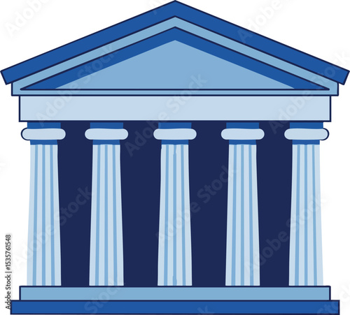 Classical Greek Temple Architecture Vector with Blue Columns and Pediment Illustration 