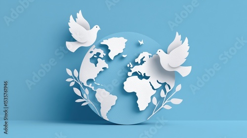 Minimal paper-cut illustration of Earth globe with flying doves and olive branches on blue background symbolizing world peace and unity perfect for International Day of Peace