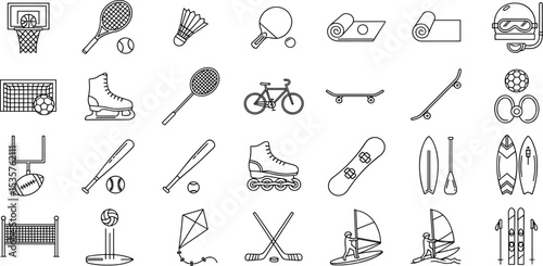 Sports Vector Icon Set Adjustable Line Weight Basketball, tennis, soccer, cycling, skateboarding, yoga, volleyball, baseball, surfing, skiing, skating, hockey, recreation icons