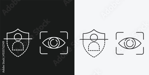  User Shield with Scan Line and Eye with Scan Box on Black and White Backgrounds, Representing Biometric Eye Scan Security, White Outline Icons