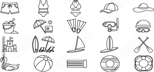 Beach and activities icon set with adjustable line weight