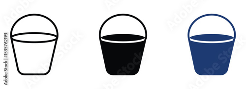 Set of bucket  icon in outline , silhouette and glyph style ,Pail and bucketful symbol,  stock vector