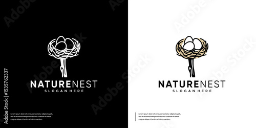 Nature logo with bird nest and egg concept, vector graphic illustration.