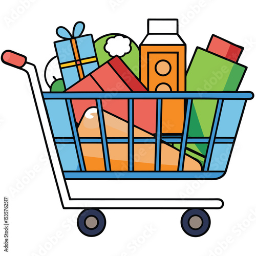 Shopping cart filled with patriotic themed products, ready for Fourth of July party or national holiday celebrations
