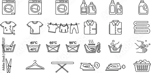 Laundry icon set with adjustable vector line weight including washing machine, washer, detergent, washing equipment, cleaner, basket, hygiene, iron, ironing, temperature, dryer, water, clean icons