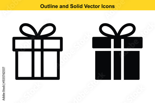Gift Box Outline and Solid Vector Icons - Present Holiday Celebration Symbol. Gift, Box, Outline, Solid, Vector, Icon, Present, Holiday, Celebration, Surprise