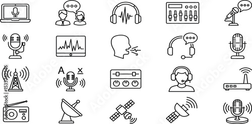 : Podcast Vector Icon Set Adjustable Line Weight Microphone, voice, headset, radio, speech, editing, stream, host, listener, broadcast, laptop, sound, signal, studio icons