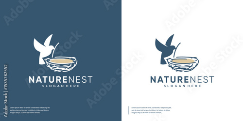 Bird flying over the nest, silhouette style with combination of line art, symbol of natural life, graphic design illustration.