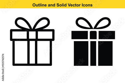 Gift Box Outline and Solid Vector Icons - Present Holiday Celebration Symbol. Gift, Box, Outline, Solid, Vector, Icon, Present, Holiday, Celebration, Surprise