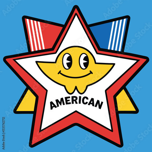 Star-shaped badge proudly reading "Proud American," a symbol of national identity and patriotic sentiment