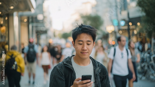 A young asian person walking through a busy urban street in daylight, eyes focused on smartphone, casual attire, background filled with storefronts, traffic, and pedestrians, everyday city life.