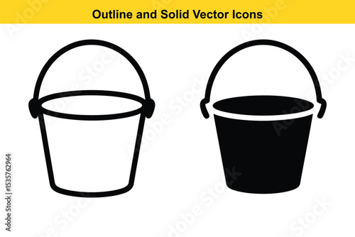 Empty Bucket Outline and Solid Vector Icons - Simple Container Symbol. Bucket, Empty, Outline, Solid, Vector, Icon, Container, Pail, Simple, Minimal, Graphic, Design