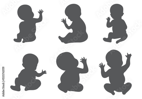 Set of baby and toddler silhouette isolated on white background. Sitting, crawling and standing. Vector illustration