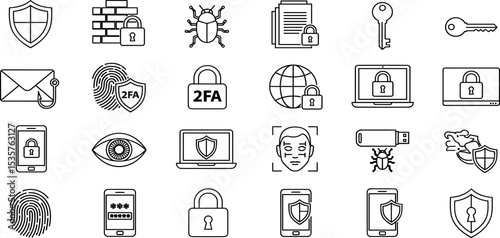 Cybersecurity Vector Icons Secure Digital Data, Network Protection, and Privacy Symbols for Graphic, Web and App Design