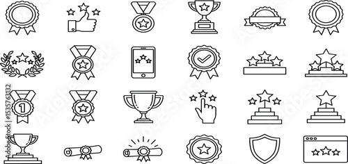 Awards Vector Icon Set Adjustable Line Weight Trophy, certificate, podium, ranking, ribbon, badge, achievement, quality, prize, star, reward icons