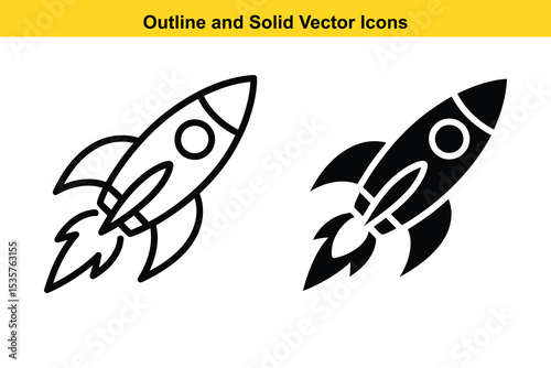 Rocket Outline and Solid Vector Icons - Spaceship Launch Symbol. Rocket, Outline, Solid, Vector, Icon, Spaceship, Launch, Space, Flight, Travel