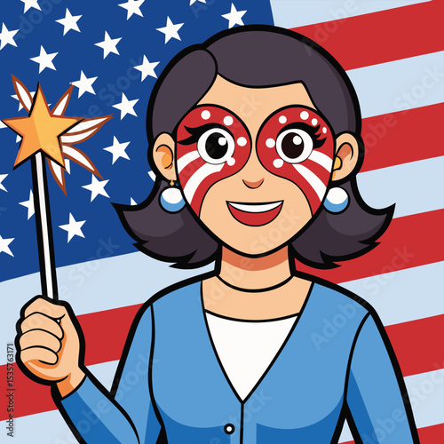 Woman with USA flag face paint holding a sparkling firework, celebrating national holidays with joy and excitement