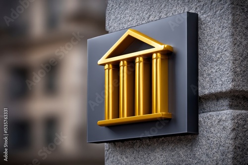 Golden classical building icon on gray block stone building blurred in background