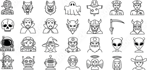 Halloween characters costumes icon set, adjustable line weight icons, vampire, dracula, witch, zombie, devil, frankenstein, ghost, symbol, stroke, outline, vector, design, graphic.