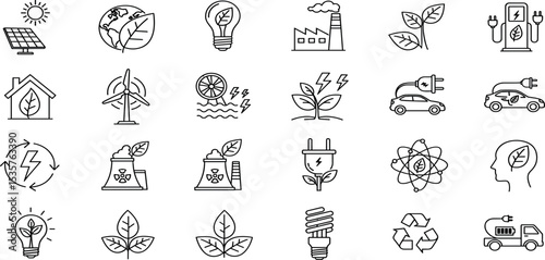 Alternative Energy Vector Icon Set Adjustable Line Weight Solar panel, globe, eco house, wind turbine, recycling, electric vehicle, factory, nuclear, geothermal, hydroelectric, innovation.
