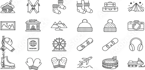 Winter Vacation Vector Icon Set Adjustable Line Weight Cabin, skis, snow, hat, mittens, scarf, fireplace, mountain, lodge, socks, camera, sled, travel icons