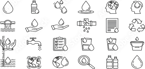 Water Vector Icon Set Adjustable Line Weight Tap, droplet, bottle, recycle, earth, leak, clean, drink, hygiene, plumbing, filtration, report, save icons